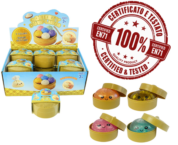 SQUISHY Ravioli (Dumpling) 8,5cm Super Glitter TPR+GEL in display da 12pz 4ass…x12…x48